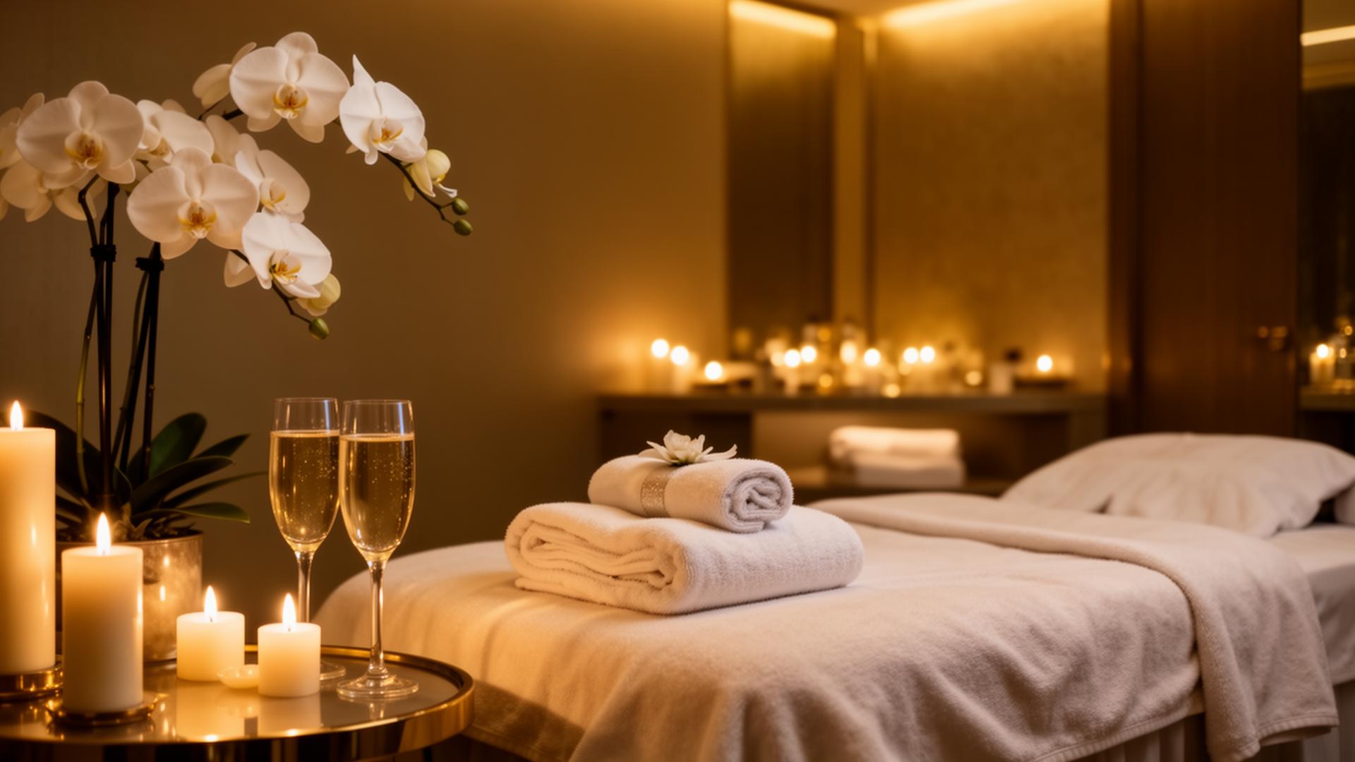Cabina de spa de lujo con velas y orquídeas